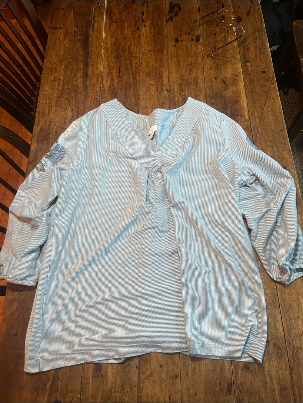 J. Jill Light Blue Striped V-Neck Tunic Top with Floral Sleeve Detail